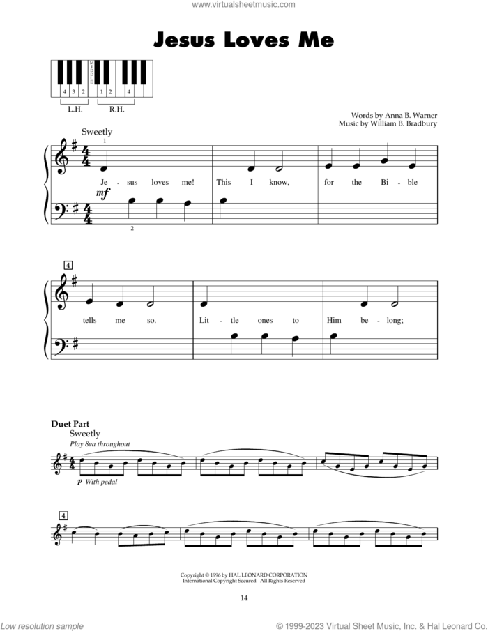 Jesus Loves Me sheet music for piano solo (5-fingers) by William B. Bradbury and Anna B. Warner, beginner piano (5-fingers)