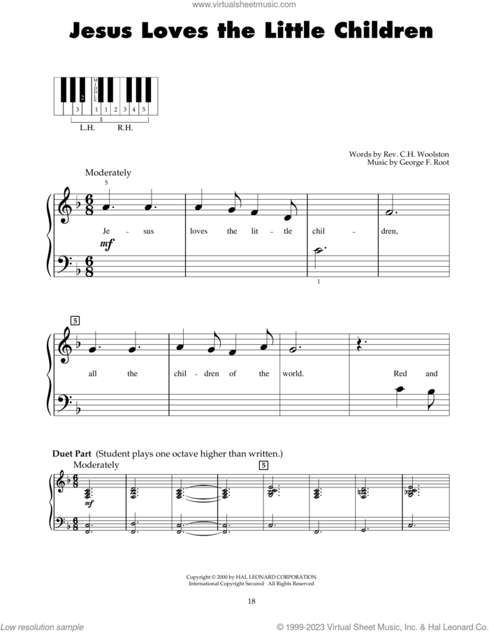 Jesus Loves The Little Children sheet music for piano solo (5-fingers) by George F. Root and Rev. C.H. Woolston, beginner piano (5-fingers)