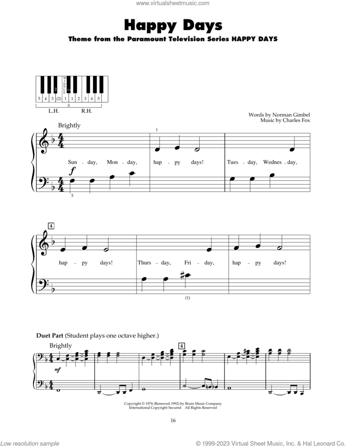 Happy Days sheet music for piano solo (5-fingers) by Pratt and McClain, Charles Fox and Norman Gimbel, beginner piano (5-fingers)