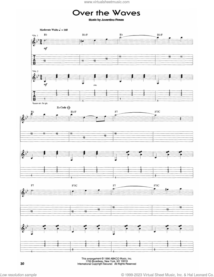 Over The Waves sheet music for guitar (tablature) by Juventino Rosas and The Rolling Stones, classical score, intermediate skill level