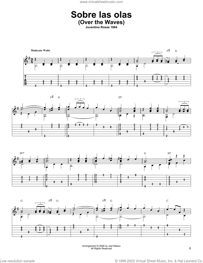 Over The Waves (arr. Joel Mabus) sheet music for guitar solo by Juventino Rosas and Joel Mabus, classical score, intermediate skill level