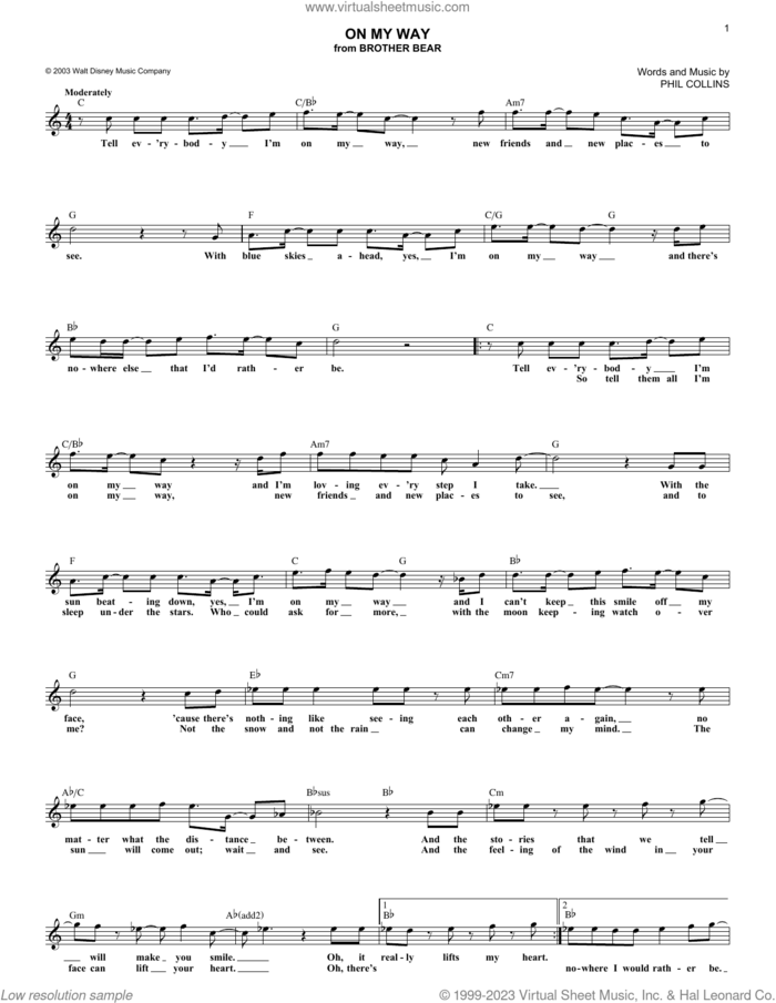 On My Way (from Brother Bear) sheet music for voice and other instruments (fake book) by Phil Collins, intermediate skill level