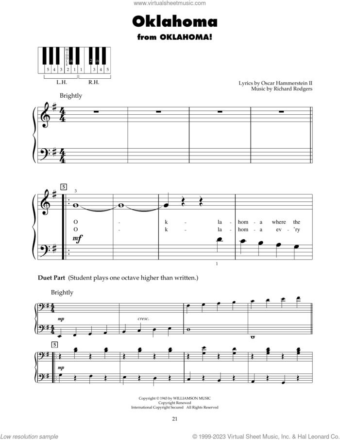 Oklahoma sheet music for piano solo (5-fingers) by Richard Rodgers, Oscar II Hammerstein and Rodgers & Hammerstein, beginner piano (5-fingers)