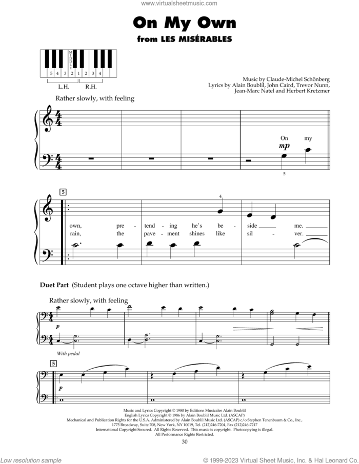 On My Own (from Les Miserables) sheet music for piano solo (5-fingers) by Alain Boublil, Boublil & Schonberg, Claude-Michel Schonberg, Herbert Kretzmer, Jean-Marc Natel, John Caird and Trevor Nunn, beginner piano (5-fingers)
