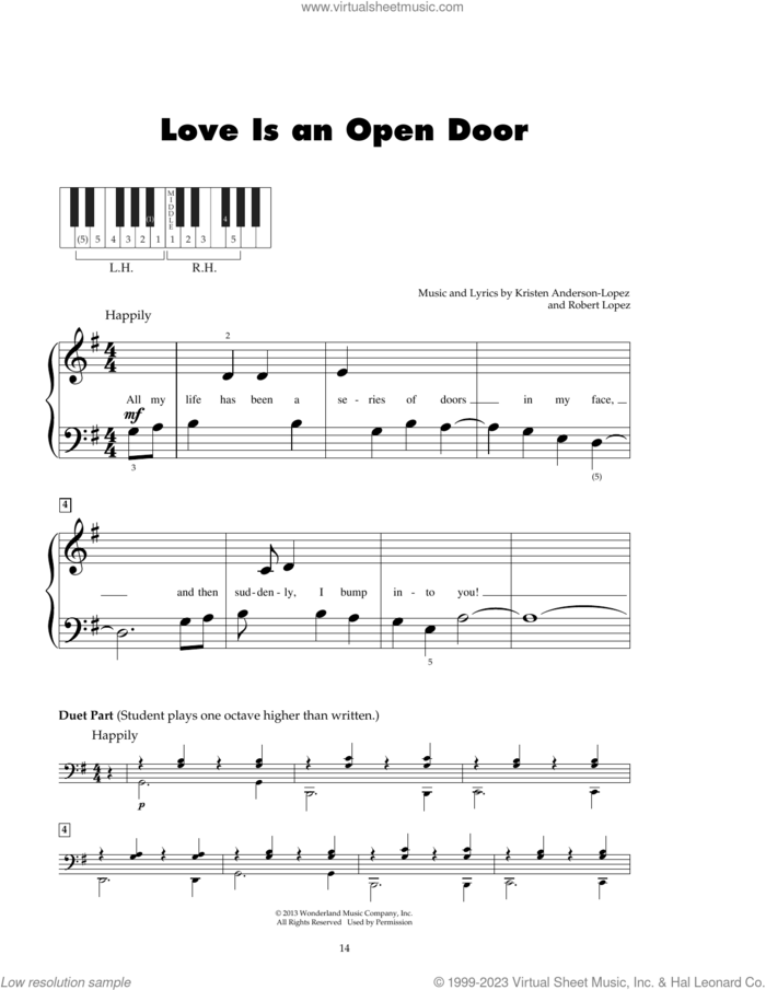 Love Is An Open Door (from Frozen) sheet music for piano solo (5-fingers) by Kristen Bell & Santino Fontana, Kristen Anderson-Lopez and Robert Lopez, beginner piano (5-fingers)