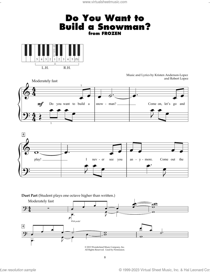 Do You Want To Build A Snowman? (from Frozen) sheet music for piano solo (5-fingers) by Kristen Bell, Agatha Lee Monn & Katie Lopez, Kristen Anderson-Lopez and Robert Lopez, beginner piano (5-fingers)