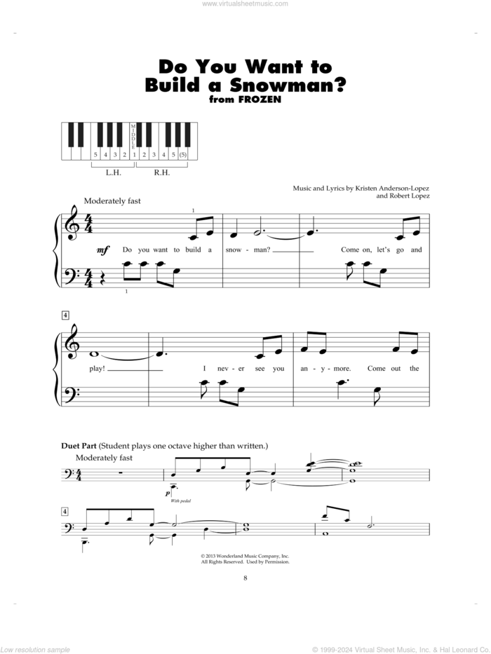 Do You Want To Build A Snowman? (from Frozen) sheet music for piano solo (5-fingers) by Kristen Bell, Agatha Lee Monn & Katie Lopez, Kristen Anderson-Lopez and Robert Lopez, beginner piano (5-fingers)