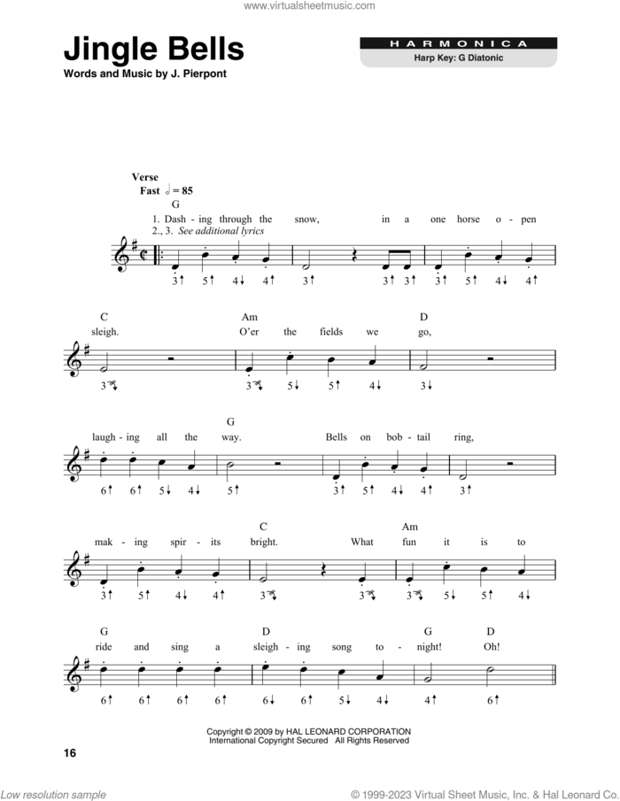 Jingle Bells sheet music for harmonica solo by James Pierpont, intermediate skill level