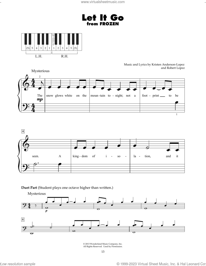 Let It Go (from Frozen) sheet music for piano solo (5-fingers) by Idina Menzel, Kristen Anderson-Lopez and Robert Lopez, beginner piano (5-fingers)