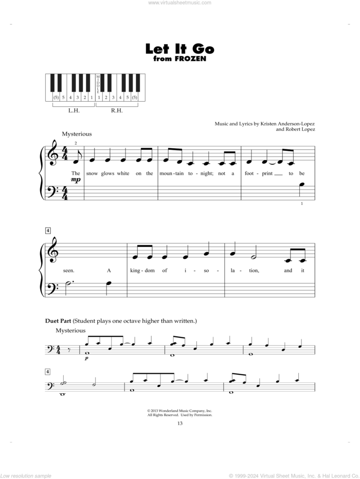 Let It Go (from Frozen) sheet music for piano solo (5-fingers) by Idina Menzel, Kristen Anderson-Lopez and Robert Lopez, beginner piano (5-fingers)