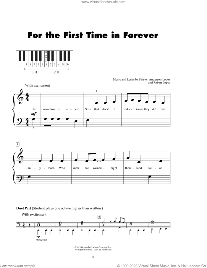 For The First Time In Forever (from Frozen) sheet music for piano solo (5-fingers) by Robert Lopez, Kristen Bell, Idina Menzel and Kristen Anderson-Lopez, beginner piano (5-fingers)