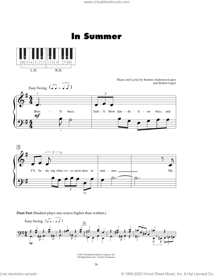 In Summer (from Frozen) sheet music for piano solo (5-fingers) by Robert Lopez, Kristen Anderson-Lopez and Kristen Anderson-Lopez & Robert Lopez, beginner piano (5-fingers)