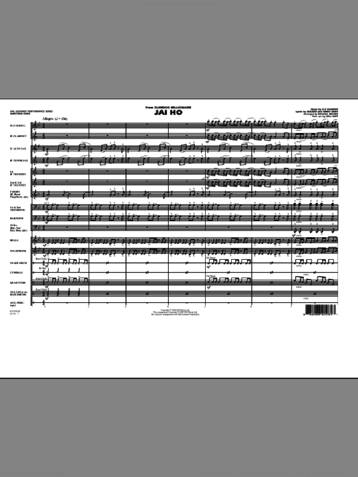 Jai Ho (from 'Slumdog Millionaire') (COMPLETE) sheet music for marching band by Michael Brown, A.R. Rahman, Gulzar and Will Rapp, intermediate skill level