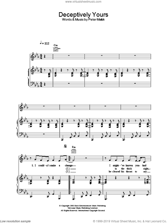 Deceptively Yours sheet music for voice, piano or guitar by Peter Malick and Norah Jones, intermediate skill level