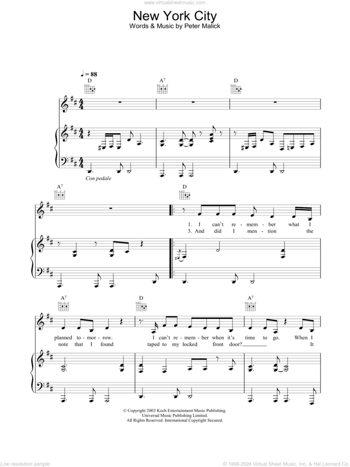 New York City sheet music for voice, piano or guitar by Peter Malick and Norah Jones, intermediate skill level