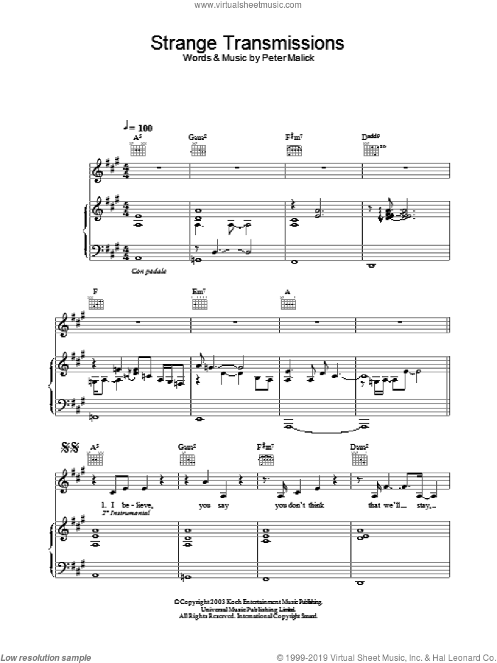 Strange Transmissions sheet music for voice, piano or guitar by Peter Malick and Norah Jones, intermediate skill level