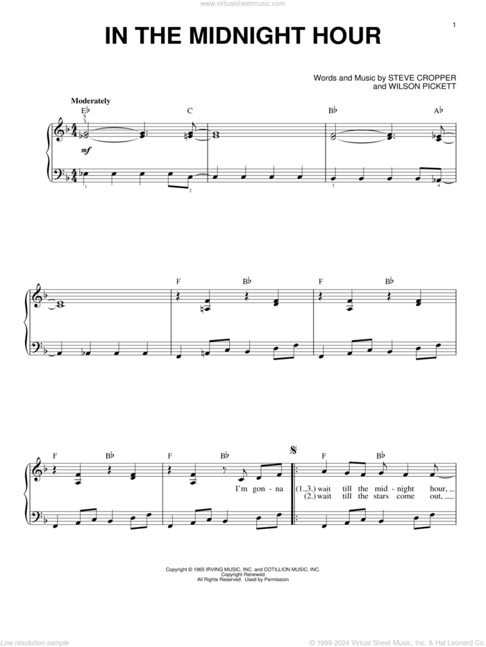 In The Midnight Hour sheet music for piano solo by Wilson Pickett and Steve Cropper, beginner skill level