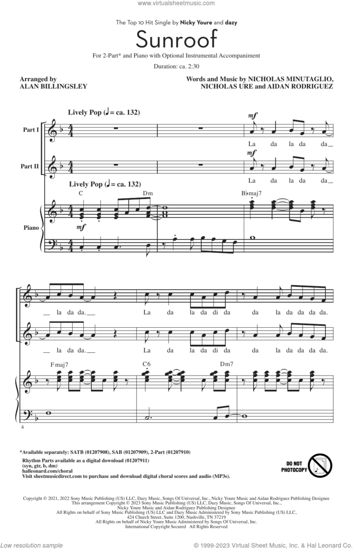 Sunroof (arr. Alan Billingsley) sheet music for choir (2-Part) by Nicky Youre & dazy, Alan Billingsley, Aidan Rodriguez, Nicholas Minutaglio and Nicholas Ure, intermediate duet