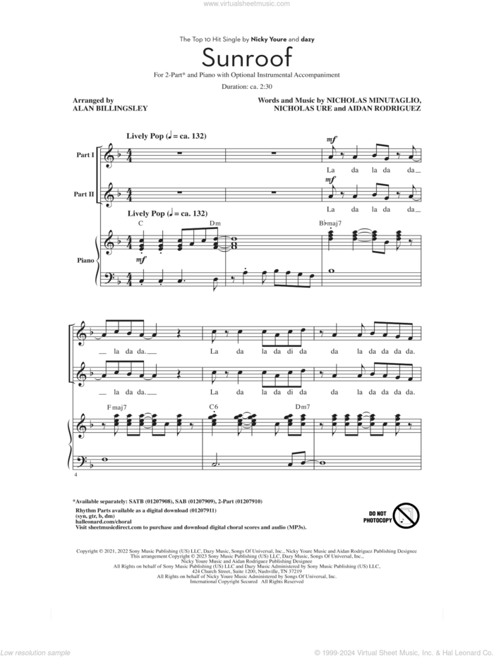 Sunroof (arr. Alan Billingsley) sheet music for choir (2-Part) by Nicky Youre & dazy, Alan Billingsley, Aidan Rodriguez, Nicholas Minutaglio and Nicholas Ure, intermediate duet