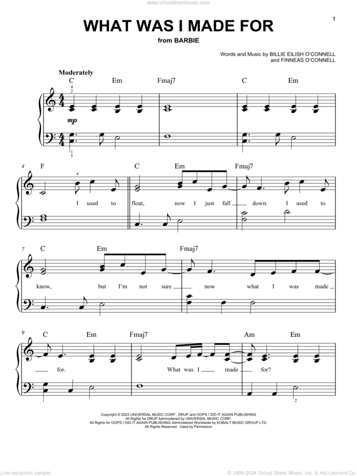 What Was I Made For? (from Barbie) sheet music for piano solo by Billie Eilish, easy skill level