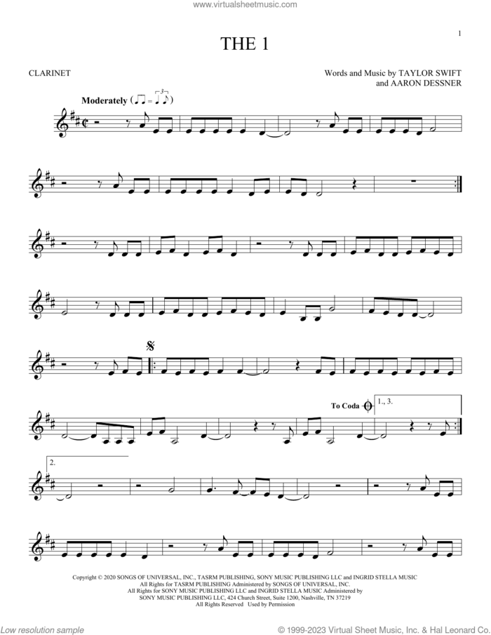 the 1 sheet music for clarinet solo by Taylor Swift and Aaron Dessner, intermediate skill level