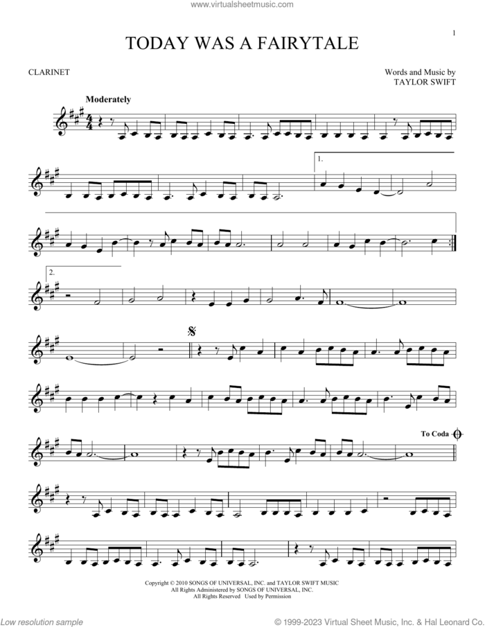 Today Was A Fairytale sheet music for clarinet solo by Taylor Swift, intermediate skill level