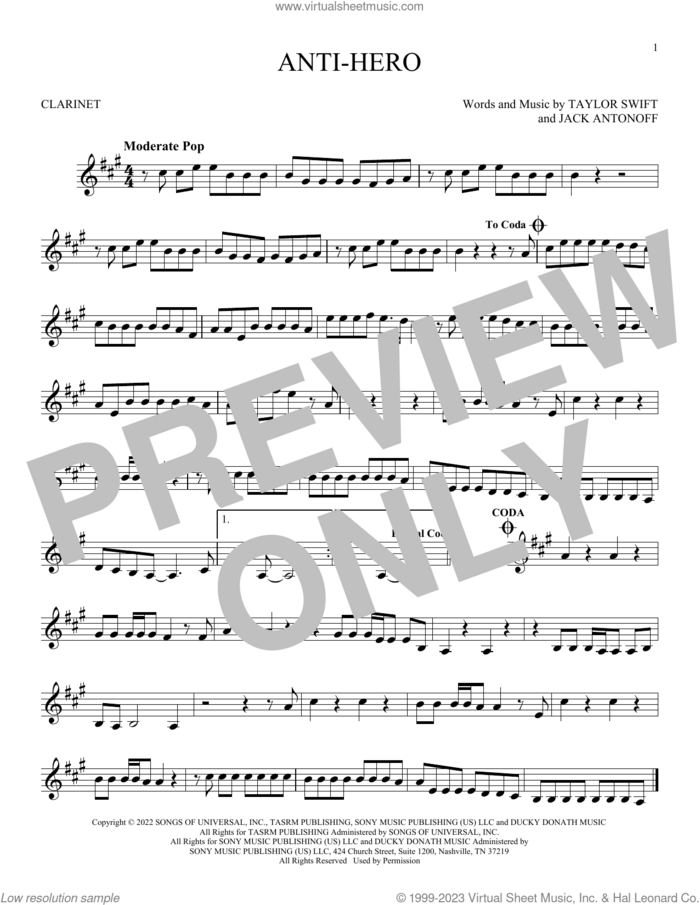 Anti-Hero sheet music for clarinet solo by Taylor Swift and Jack Antonoff, intermediate skill level