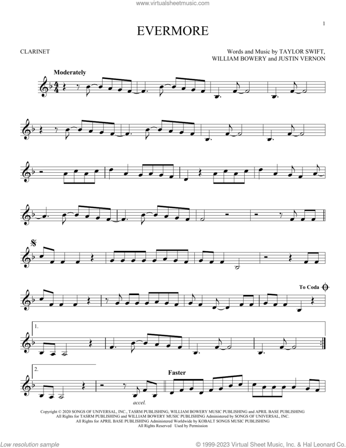 evermore (feat. Bon Iver) sheet music for clarinet solo by Taylor Swift, Justin Vernon and William Bowery, intermediate skill level