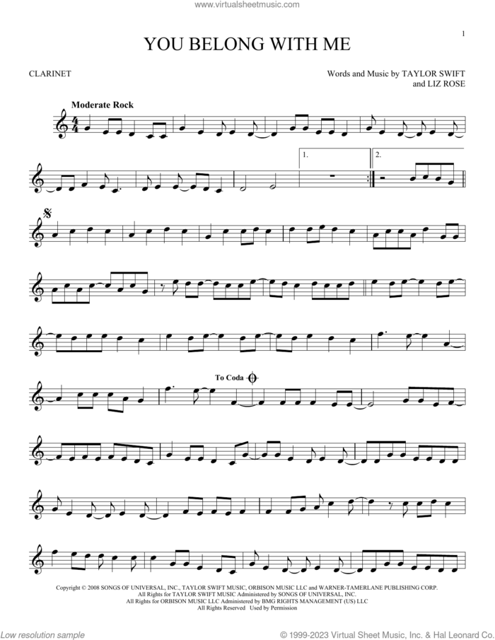 You Belong With Me sheet music for clarinet solo by Taylor Swift and Liz Rose, intermediate skill level