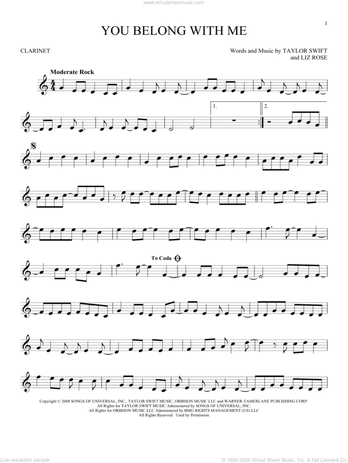 You Belong With Me sheet music for clarinet solo by Taylor Swift and Liz Rose, intermediate skill level