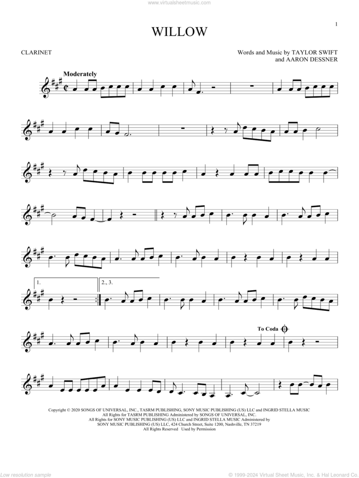 willow sheet music for clarinet solo by Taylor Swift and Aaron Dessner, intermediate skill level