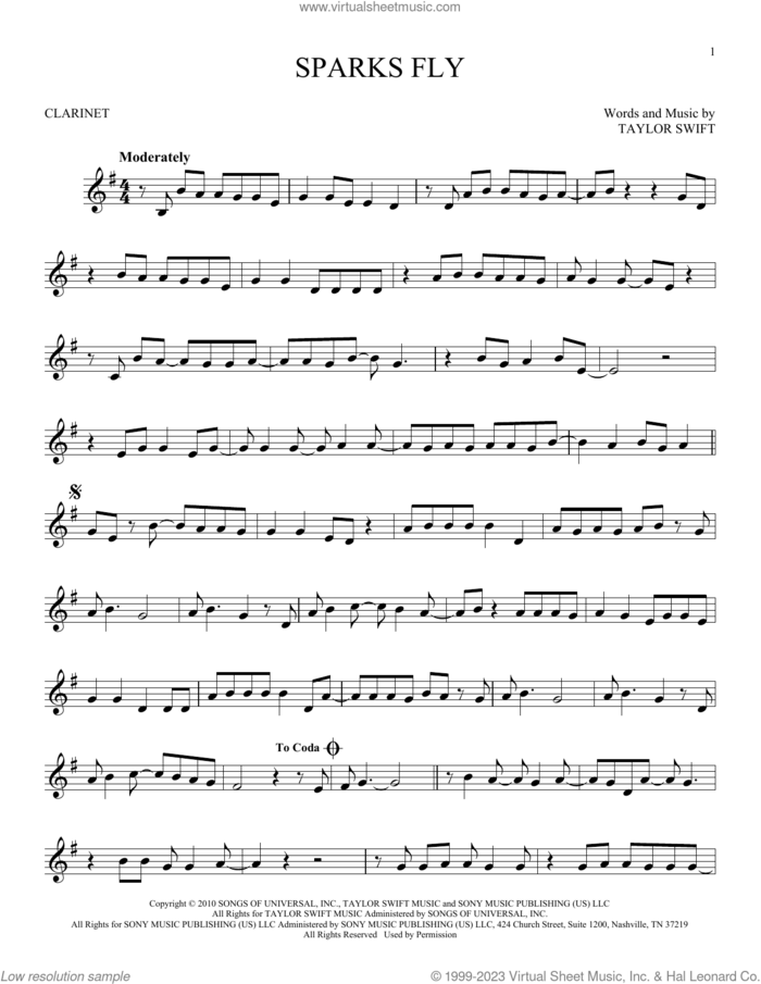 Sparks Fly sheet music for clarinet solo by Taylor Swift, intermediate skill level