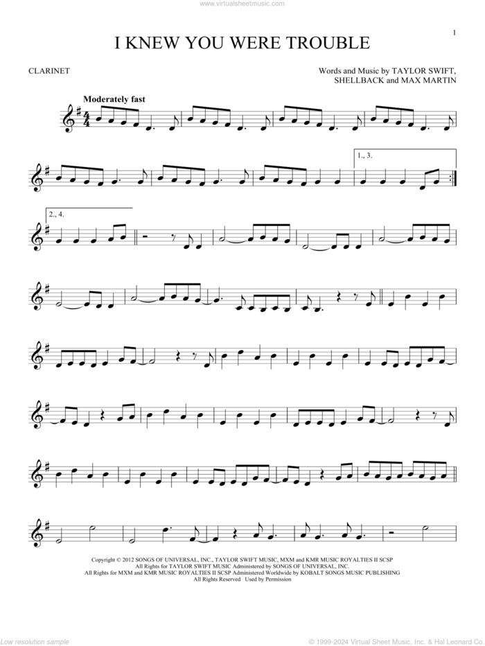 I Knew You Were Trouble sheet music for clarinet solo by Taylor Swift, Max Martin and Shellback, intermediate skill level