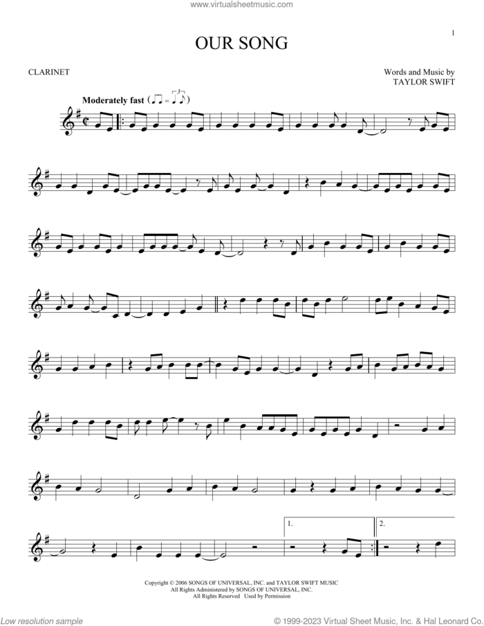 Our Song sheet music for clarinet solo by Taylor Swift, intermediate skill level