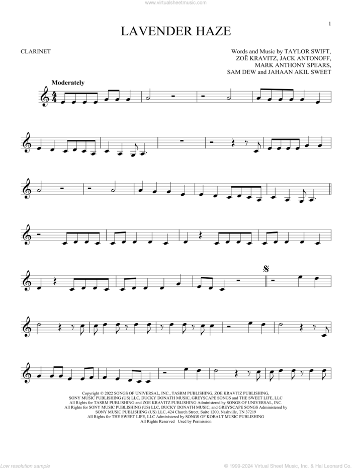 Lavender Haze sheet music for clarinet solo by Taylor Swift, Jack Antonoff, Jahaan Akil Sweet, Mark Anthony Spears, Sam Dew and Zoe Kravitz, intermediate skill level