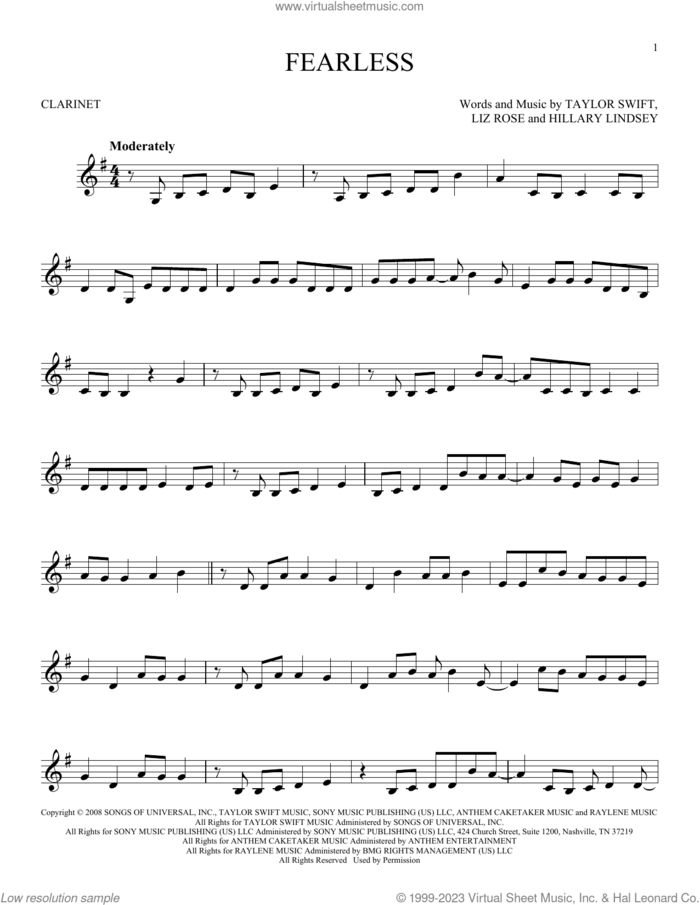 Fearless sheet music for clarinet solo by Taylor Swift, Hillary Lindsey and Liz Rose, intermediate skill level