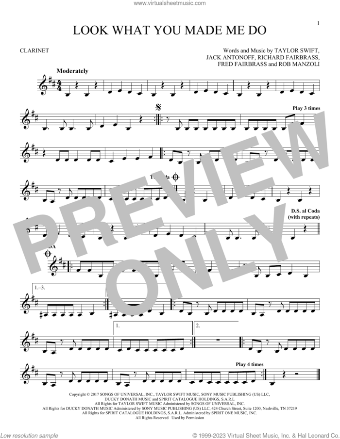 Look What You Made Me Do sheet music for clarinet solo by Taylor Swift, Fred Fairbrass, Jack Antonoff, Richard Fairbrass and Rob Manzoli, intermediate skill level