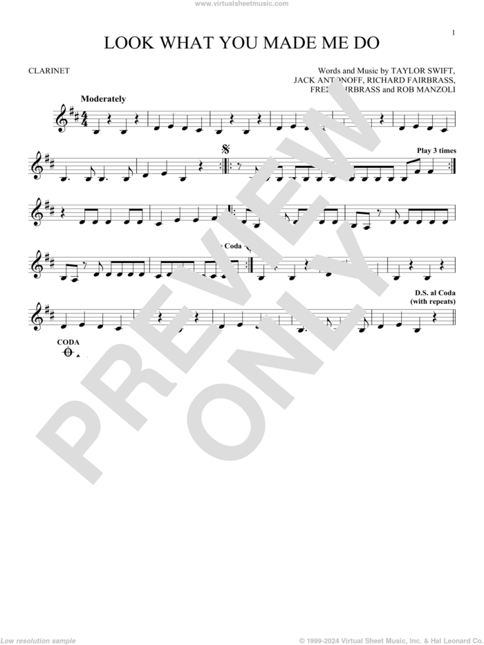 Look What You Made Me Do sheet music for clarinet solo by Taylor Swift, Fred Fairbrass, Jack Antonoff, Richard Fairbrass and Rob Manzoli, intermediate skill level