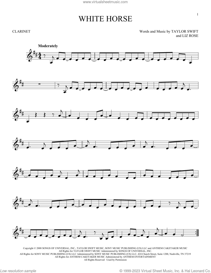 White Horse sheet music for clarinet solo by Taylor Swift and Liz Rose, intermediate skill level