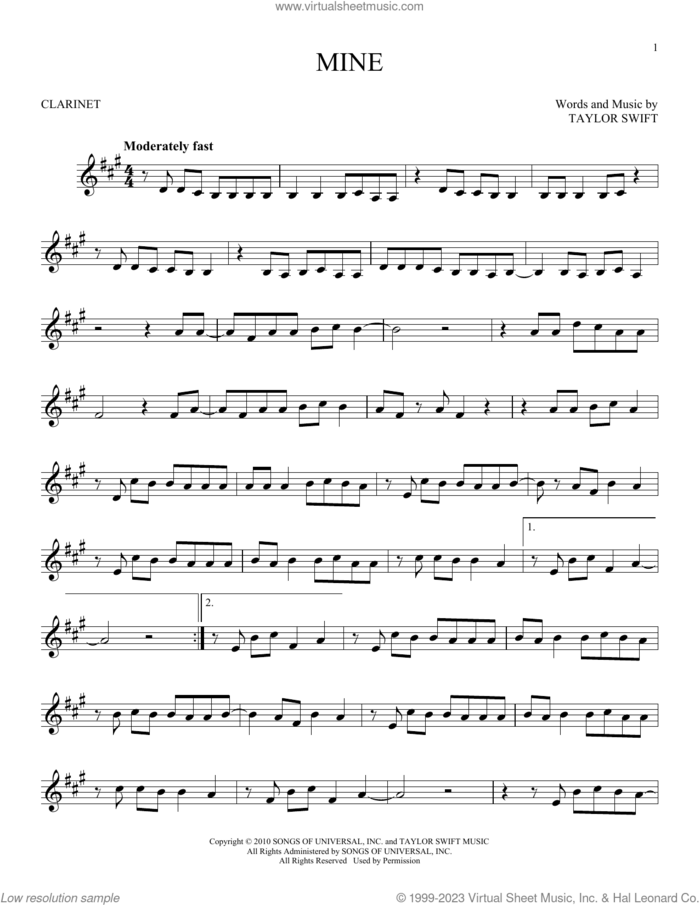 Mine sheet music for clarinet solo by Taylor Swift, intermediate skill level
