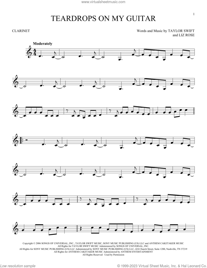 Teardrops On My Guitar sheet music for clarinet solo by Taylor Swift and Liz Rose, intermediate skill level