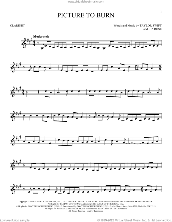 Picture To Burn sheet music for clarinet solo by Taylor Swift and Liz Rose, intermediate skill level