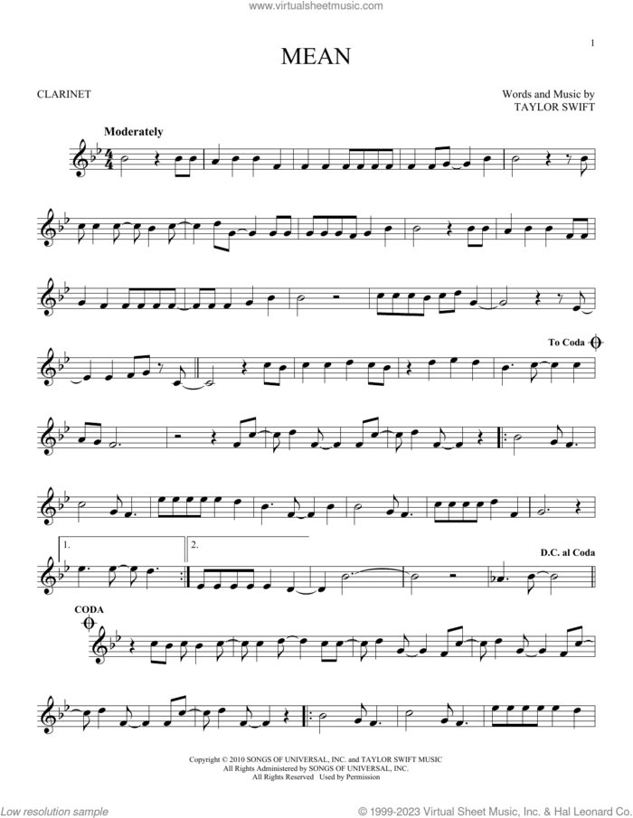 Mean sheet music for clarinet solo by Taylor Swift, intermediate skill level