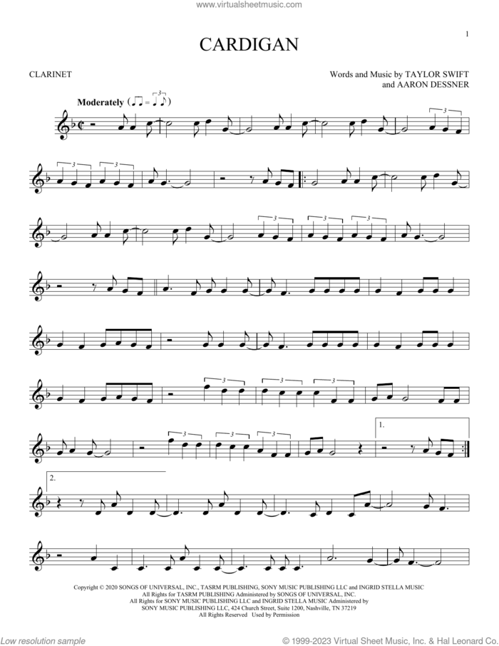 cardigan sheet music for clarinet solo by Taylor Swift and Aaron Dessner, intermediate skill level