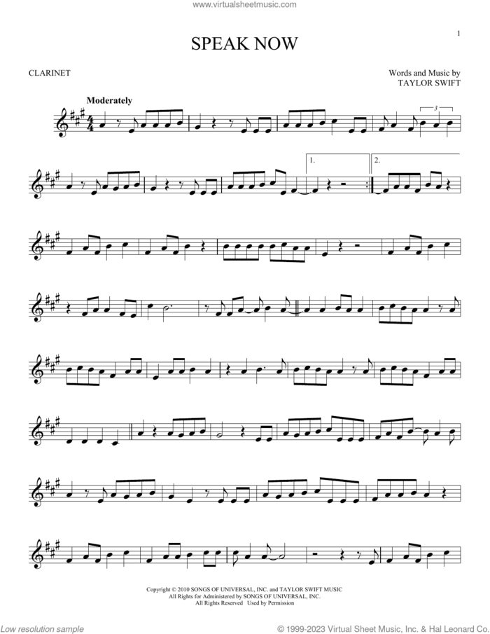 Speak Now sheet music for clarinet solo by Taylor Swift, intermediate skill level