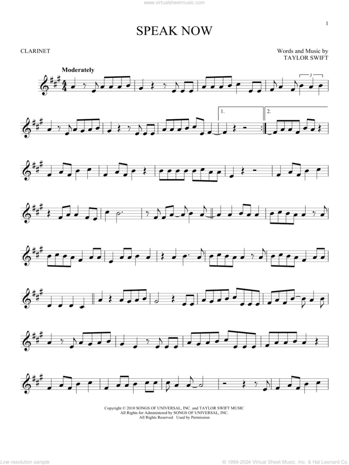 Speak Now sheet music for clarinet solo by Taylor Swift, intermediate skill level