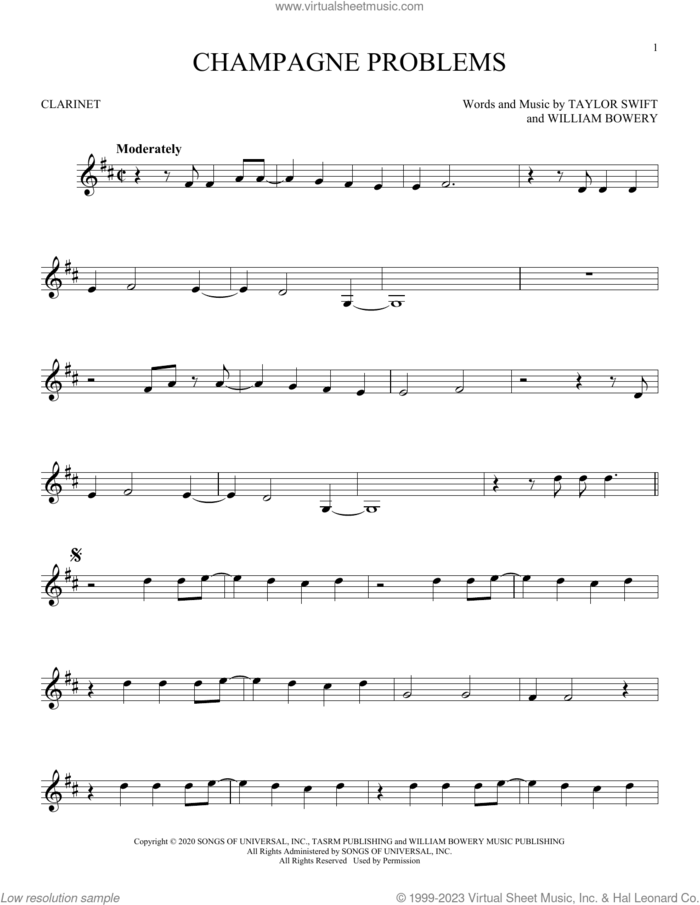 champagne problems sheet music for clarinet solo by Taylor Swift and William Bowery, intermediate skill level
