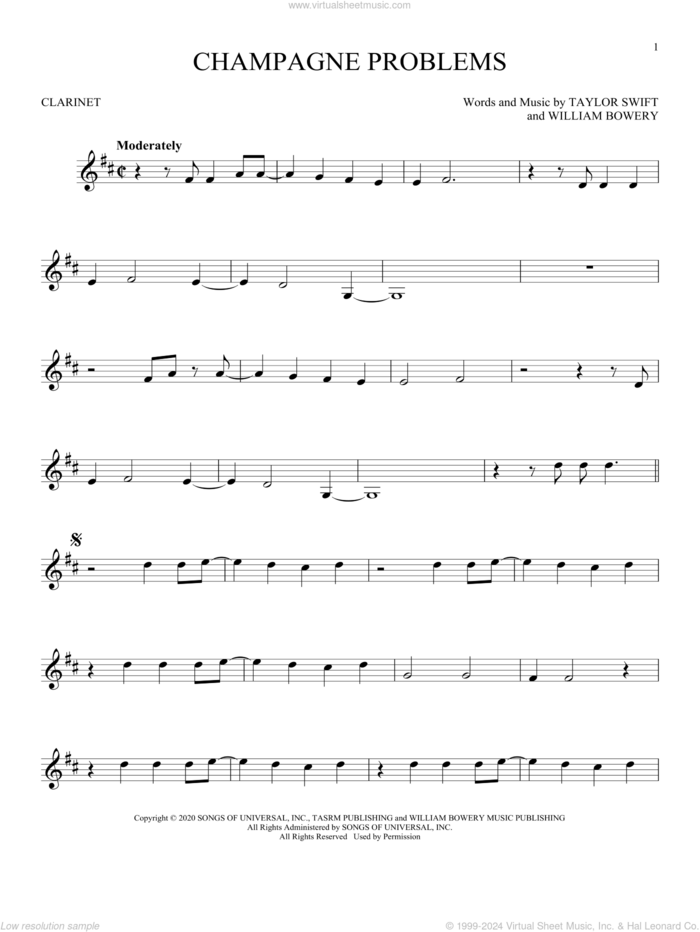 champagne problems sheet music for clarinet solo by Taylor Swift and William Bowery, intermediate skill level