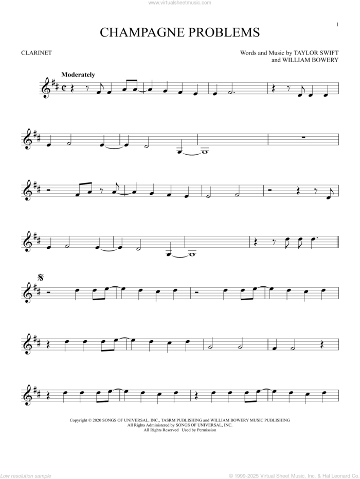 champagne problems sheet music for clarinet solo by Taylor Swift and William Bowery, intermediate skill level
