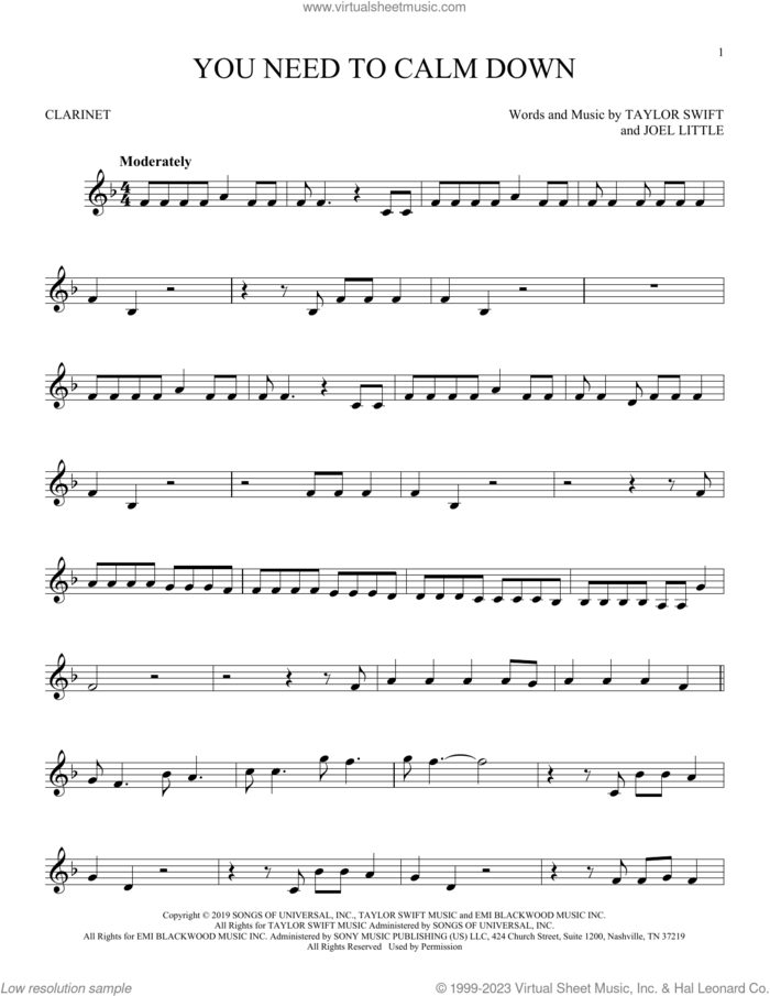 You Need To Calm Down sheet music for clarinet solo by Taylor Swift and Joel Little, intermediate skill level